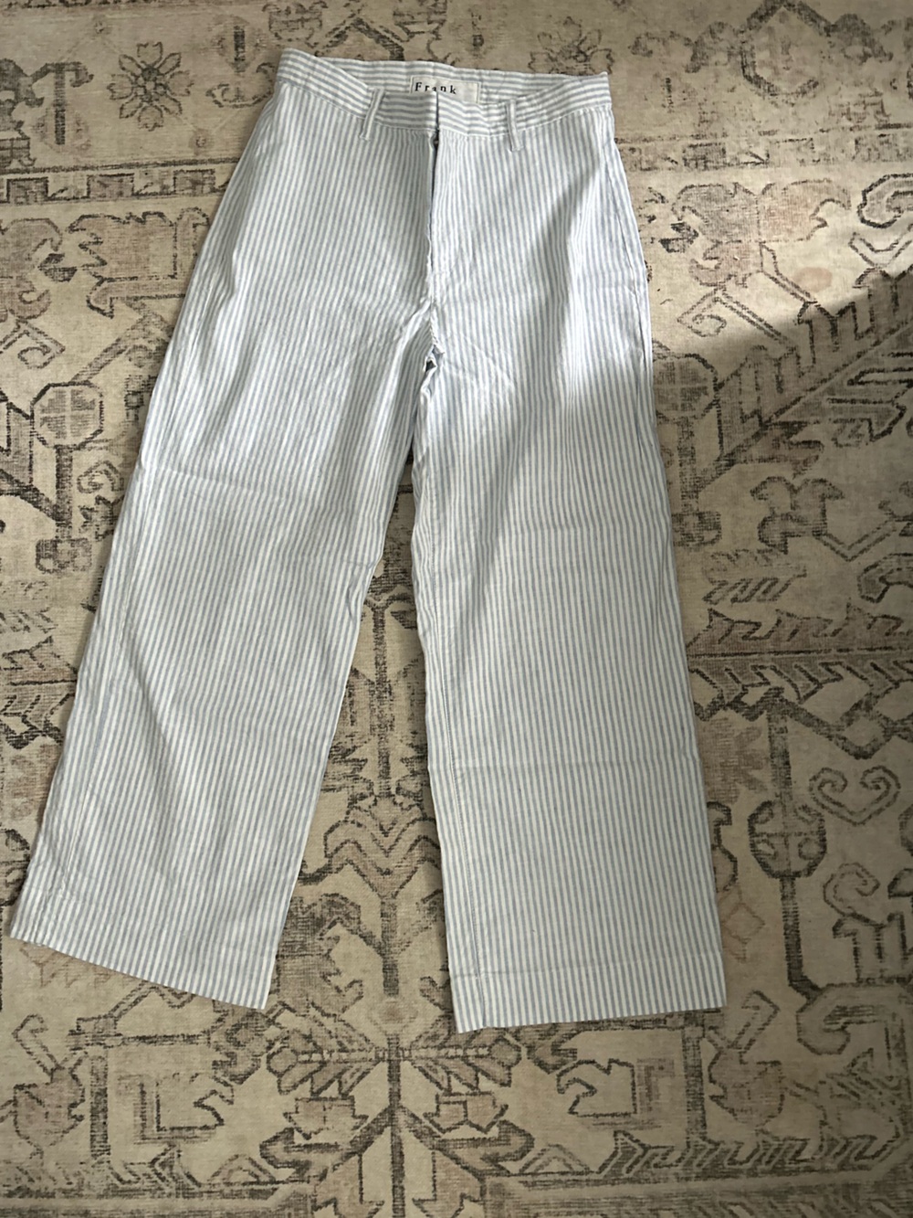 Frank & Eileen Light Blue and White Striped Straight-Leg Pants